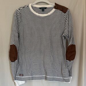 Lauren Ralph Black and White Striped Long Sleeve Tee with Brown Elbow Patches